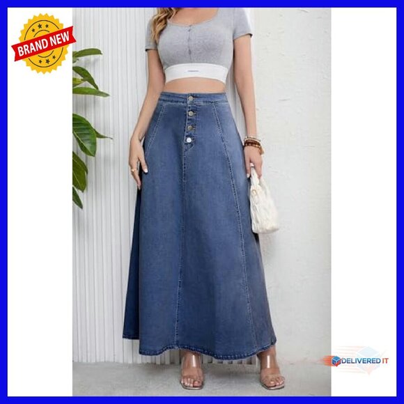 Retro High Waist Button Fly Flared Denim Maxi Skirt Pleated Swing - Picture 7 of 8